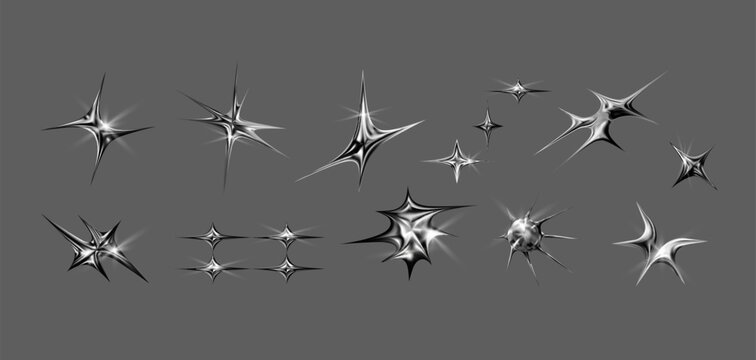 Set of vector objects in  3d style. Deformed acid forms of the sun and stars, sun rays, glare and glare in modern brutalist style.  