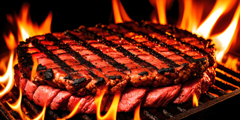 a steak on a grill with flames in the background, diffuse lightning,  red hot, generative ai