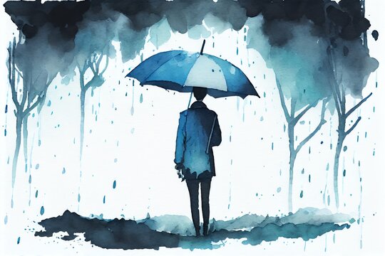 Watercolor Illustration of a Blue Monday Umbrella Concept, The Most Sad And Depressing Day Of The Year. Generative AI