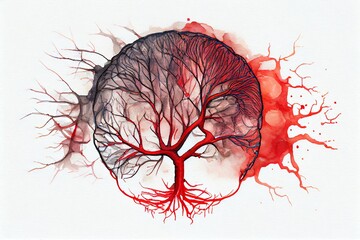 Watercolor Illustration of a Brain Cerebral Angiography, Circle Of Willis, Blood Circulation Of Brain System. Generative AI - obrazy, fototapety, plakaty