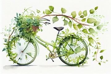 Watercolor Illustration of a Bicycle Covered With Green Leaf Tendril, Eco And Environment Concept, Sustainable Transport And Travel, Earth Day. Generative AI