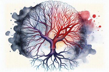 Watercolor Illustration of a Brain Cerebral Angiography, Circle Of Willis, Blood Circulation Of Brain System. Generative AI - obrazy, fototapety, plakaty