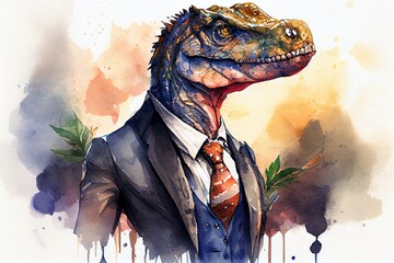 Watercolor Illustration of a Cool Dinosaurs Portrait Dressed In A Formal Business Suit. Fantasy Wildlife Animal Background. Generative AI