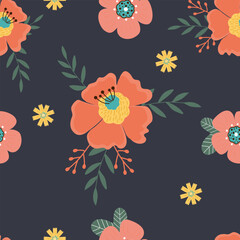 Seamless pattern with hand drawn   flowers and branch with leaves.