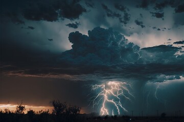 Naklejka na ściany i meble Terrible storm clouds, neon lightning AI