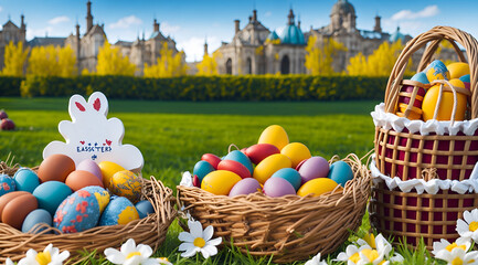 Easter eggs and cakes in a basket on a blurry background with a Christian church