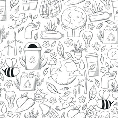 Ecology, environment seamless pattern with doodles, monochrome elements for wrapping paper, scrapbooking, wallpaper, packaging, etc. EPS 10