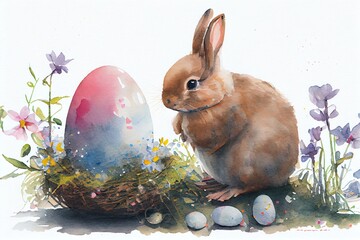 Watercolor Illustration of a EggCiting Easter With A Cute Bunny. Generative AI