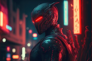 Unique robots in neon lighting in cyberpunk style AI