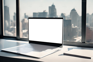 Fototapeta premium Mockup Laptop with blank screen on white table. Home interior or office with a background of a big city behind the window. Ai generative