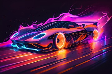 Watercolor Illustration of a Futuristic Super Car On Neon Highway. Powerful Acceleration Of A Supercar On A Night Track With Colorful Neon Lights And Trails. Generative AI