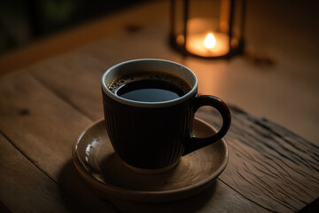 Fototapeta premium A cup of hot black coffee on a wooden table, in a vintage atmosphere. Created with Generative AI Technology