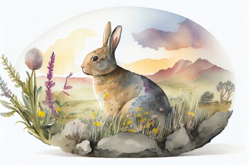 Watercolor Illustration of a Hase Mit Bunten Ostereiern Auf Der GrÃ¼Nen Wiese. Generative AI