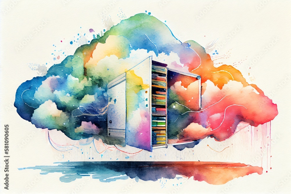Poster watercolor illustration of a illustration concept of cloud computing service for future, data storag
