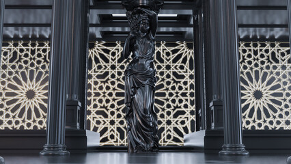interior with black antique statues and columns on arabesque background. 3D render
