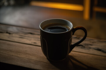 Obraz premium A cup of hot black coffee on a wooden table, in a vintage atmosphere. Created with Generative AI Technology