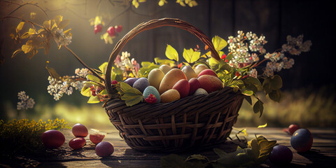 Easter Eggs In Basket On Aged Wooden Table In Spring Garden