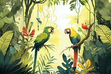 Watercolor Illustration of Tropical Rainforest With Parrots. Generative AI