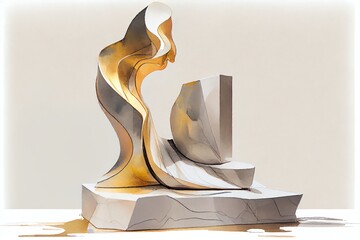 Watercolor Illustration of a Marble And Gold Abstract Statue. Modern Sculpture. Designed Using. Generative AI