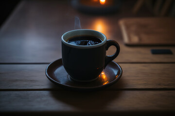 A cup of hot black coffee on a wooden table, in a vintage atmosphere. Created with Generative AI Technology