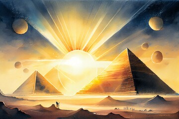 Watercolor Illustration of a Luminous Rays Around The Egyptian Pyramids, Signals To Space To Alien Civilizations. Generative AI