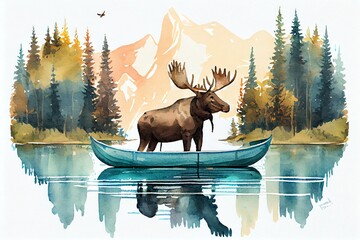 Watercolor Illustration of a Proud Canadian Bull Moose With Antlers, Travels In A Canoe On A Lake Or River With Beautiful Landscape Of Mountain, Trees And Blue Water. Generative AI