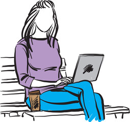pretty woman working with laptop and drinking coffee  sitting in bench park vector illustration