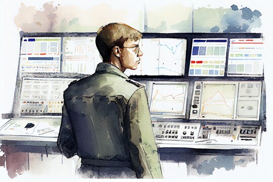 Watercolor Illustration of a RealTime Surveillance, Security Guard Or Officer At Central Control Panel. Generative AI