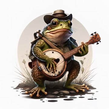 Frog, Turtle, and Rat Playing Banjo, Animal playing banjo, Vector style, Cartoon , Sticker style 