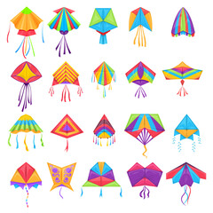 Hand- drawn vector set of kites in different colors isolated on the white background.