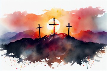 Watercolor Illustration of a Three Crosses On The Mountain Jesus Christ On A Sunset Background. Generative AI