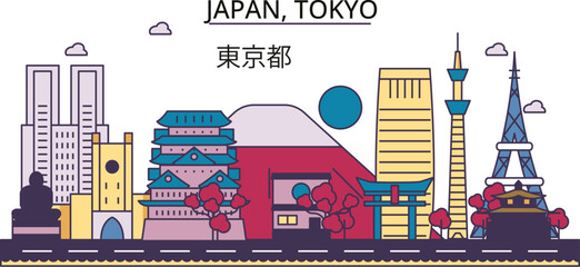 Japan, Tokyo tourism landmarks, vector city travel illustration