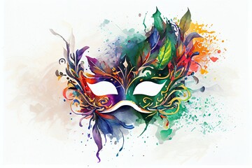Obraz na płótnie Canvas Watercolor Illustration of a Venetian Mask Carnival Colorful Splash Art Masquerade Mardi Gras Banner Copy Space On White Illustration. Generative AI