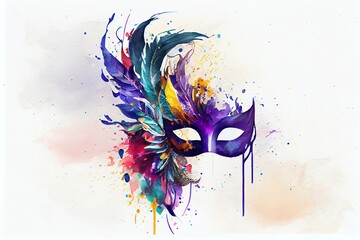 Watercolor Illustration of a Venetian Mask Carnival Colorful Splash Art Masquerade Mardi Gras Banner Copy Space On White Illustration. Generative AI