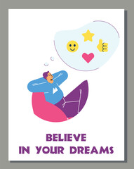 Poster or vertical banner with dreaming relaxing man flat style, vector illustration