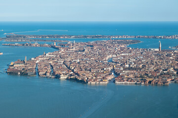 Venice lagoon and part of the city, canals, boats and islands