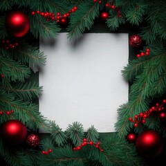 Fototapeta na wymiar Fir tree branches with red christmas balls frame stock photo Christmas, Generative AI