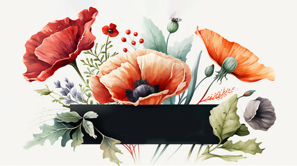Watercolor plants and flowers banner. Generated AI