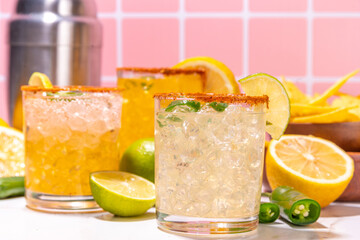 Set of tequila margarita mexican cocktails, with jalapeno pepper, lime and spicy rim, on high-colored tiled background copy space