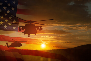 Silhouettes of helicopters on background of sunset with a transparent American flag. Greeting card for Veterans Day, Memorial Day, Air Force Day. USA celebration.