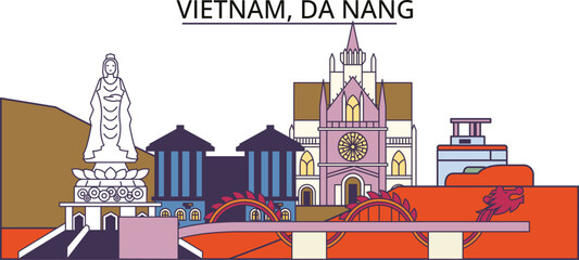 Vietnam, Da Nang tourism landmarks, vector city travel illustration - obrazy, fototapety, plakaty