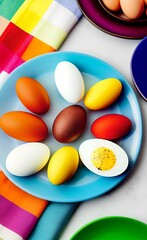 Fototapeta na wymiar Colorful AI generative Easter eggs on a blue plate flat layout on a table, bright colorful painted Easter eggs on a flat surface, eggs on a white plate, painted eggs Easter ideas, bright illustration