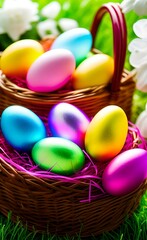 Colorful AI generative Easter eggs in a twig basket, shiny eggs, luminescent Easter eggs, bright colorful painted Easter eggs on a flat surface, eggs on a white plate, painted eggs Easter ideas