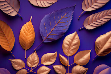 Pattern of dry orange metallic leaves on violet background.  texture, nature, autumn, fall, seasonal, organic, foliage, botanical, abstract.