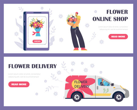 Flower online shop advertising web banners set, flat vector illustration.