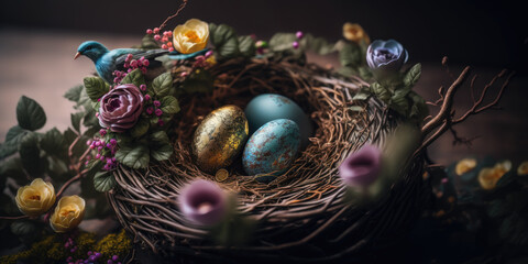 a colorful easter nest with easter eggs, generative ai - 581095648