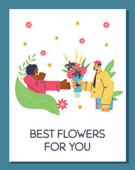 Flower delivery advertising poster, flat vector illustration.