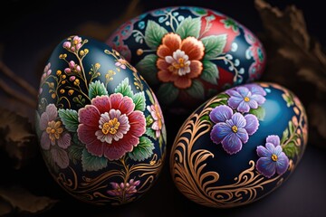 Easter eggs with a bright floral pattern close-up, on a dark background. Generative Ai