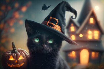 cute black cat with a witch hat and a halloween house in the background, generative ai - 581096223