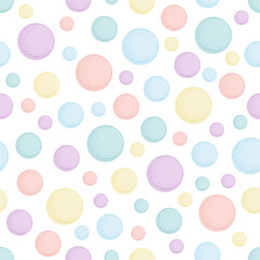 Multi colored circle shapes or spheres seamless pattern of pastel yellow, purple, blue, pink color. Gentle baby print. Vector illustration for fabric, wallpaper or wrapping paper design.